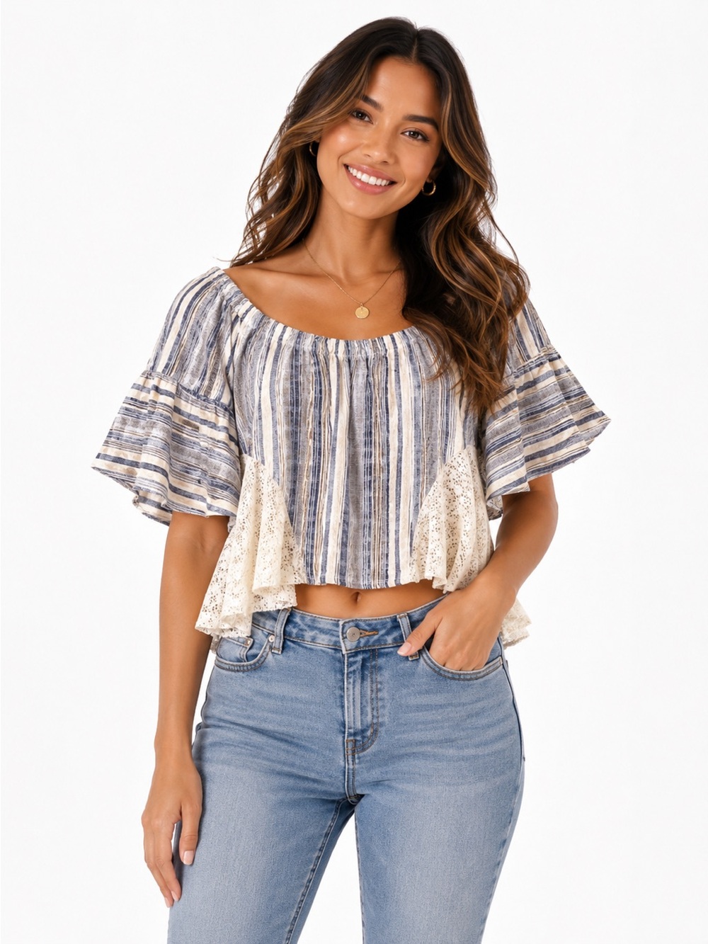 Umgee bell flutter sleeve top with lace accent, S‎